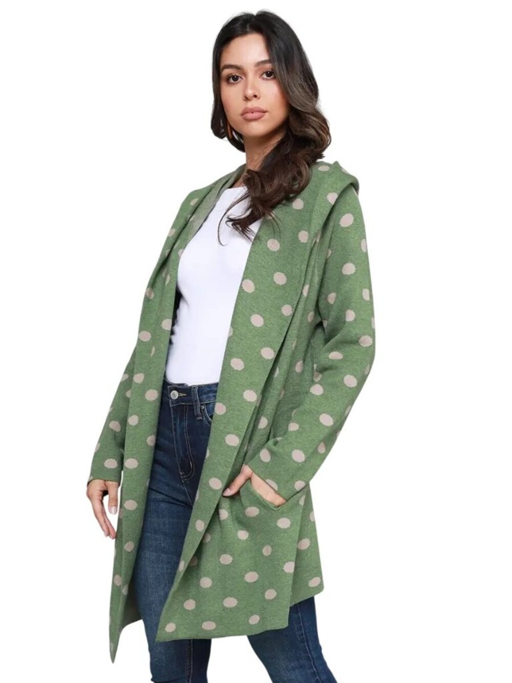 Olive Mauve Cardigan Sweater Small Hooded Polka Dot Open Front Long Sleeve Cozy